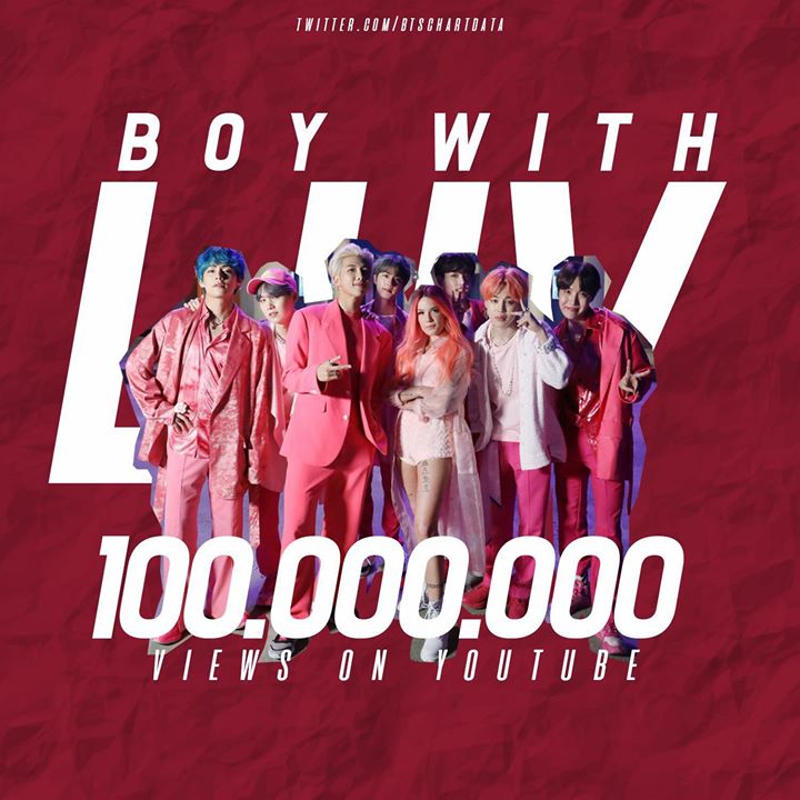 BTS “Boy With Luv” feat. Halsey là MV đạt 100 triệu views nhanh nhất thế giới sau 37 tiếng phát hành, phá kỷ lục 62 tiếng mà MV “Kill This Love” của BLACKPINK vừa thiết lập hồi cuối tuần trước. 