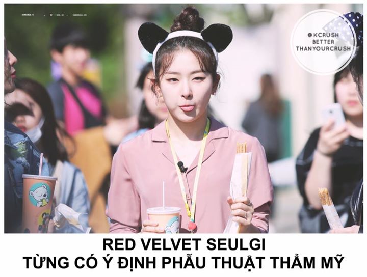 Trên MBC ’Oppa Thoughts’ ngày 31/7, Seulgi thú nhận: ”Em là idol nữ duy nhất của SM không có mắt hai mí. Em đã cân nhắc việc đi phẫu thuật một lần. Thậm chí em đã thử hẳn nó vào mắt, rồi lại thấy mình trông khá kì dị. Mọi người thường bảo rằng mắt một mí 