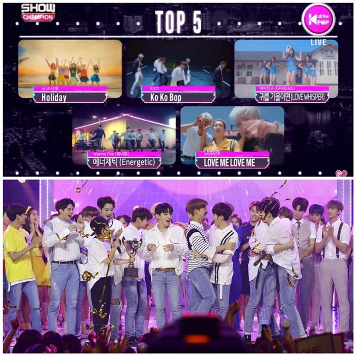 WANNA ONE đã giành chiếc cúp đầu tiên chỉ sau 9 ngày debut trước SNSD "Holiday", EXO "Ko Ko Bop", GFRIEND "Love Whisper" và WINNER "Love Me Love Me" trên Show Champion hôm nay