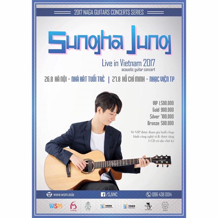 Thần đồng guitar Hàn Quốc Sungha Jung sẽ đến Việt Nam biểu diễn vào ngày 26/8 ở Nhà hát Tuổi Trẻ, Hà Nội và ngày 27/8 ở Nhạc viện TP. Hồ Chí Minh. Giá vé VIP 1.500.000 VNĐ, Vàng 900.000 VNĐ, Bạc 700.000 VNĐ và Đồng 500.000 VNĐ. Đây là năm thứ 4 liên tiếp 