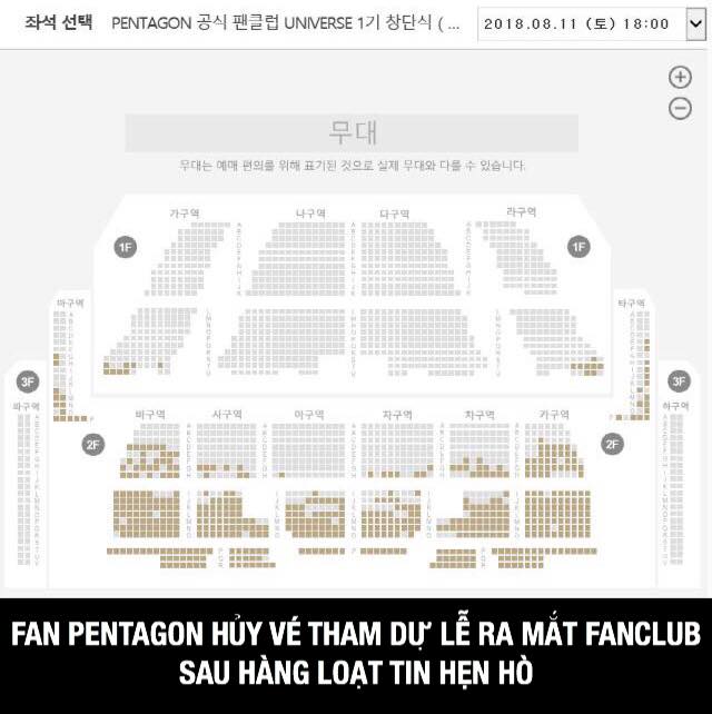 Theo MK Issue, 500 fan đã fan hủy vé tham dự buổi lễ ra mắt fanclub Universe 1 của PENTAGON diễn ra vào ngày 11/08 tại Hội trường Ocean, Đại học Sejong sau loạt tin hẹn hò của các thành viên ngày hôm nay. Và tình trạng này đang có xu hướng tiếp tục gia tă