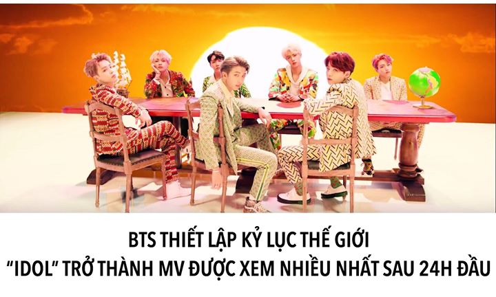 Xô đổ mọi kỷ lục Youtube, “Idol” của BTS vừa trở thành MV có lượt xem khủng nhất khi cán mốc 56,2 triệu views chỉ sau 24h phát hành. Trước đây thành tích này thuộc về “Look What You Made Me Do” của Taylor Swift với 43,2 triệu views trong ngày đầu tiên.