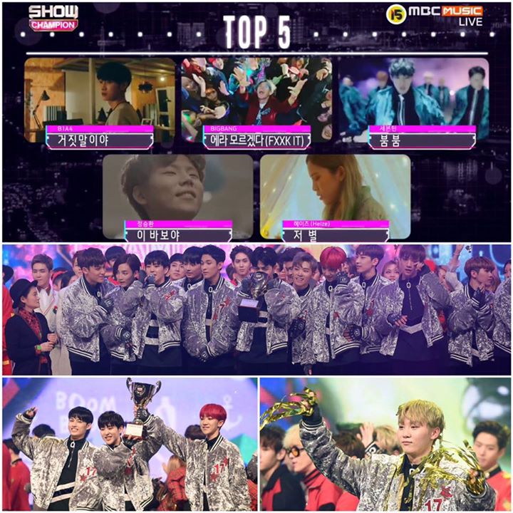 #1 trên Show Champion hôm nay là SEVENTEEN "Boom Boom", vượt qua BIG BANG, B1A4, Jung Seung Hwan và Heize. 