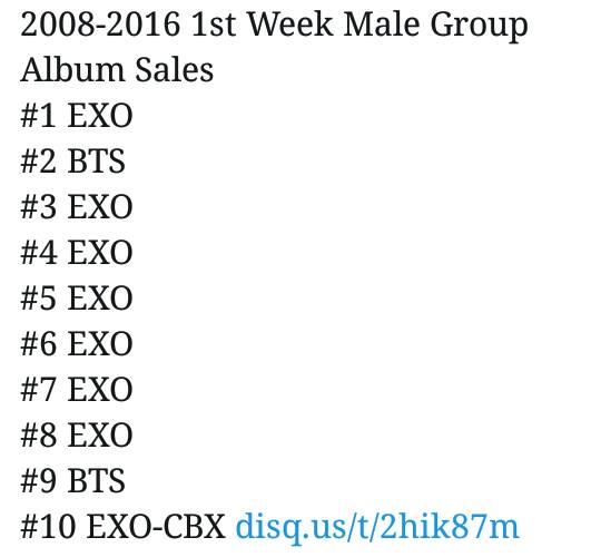 [INFO] 161227 1st WEEK MALE GROUP ALBUM SALES 2008-2016