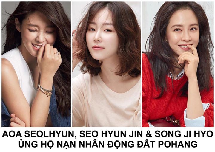 Theo Hiệp hội Cứu trợ Thiên tai Hàn Quốc, AOA Seolhyun đã ủng hộ 50 triệu won (1 tỷ VNĐ), Seo Hyun Jin ủng hộ 30 triệu won (624 triệu VNĐ) và Song Ji Hyo ủng hộ 50 triệu won (1 tỷ VNĐ) cho nạn nhân vụ động đất 5.4 độ richter ở Pohang.