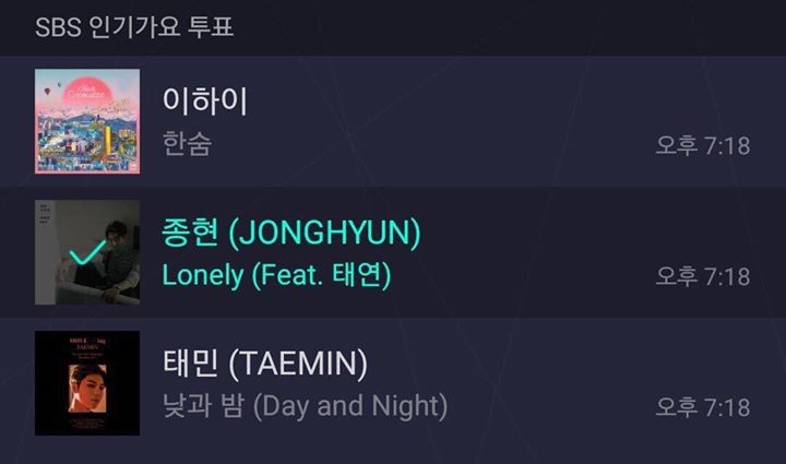 “Lonely” của SHINee Jonghyun feat. Taeyeon và “Breathe” của Lee Hi do Jonghyun sáng tác được đề cử trên Inkigayo tuần này.