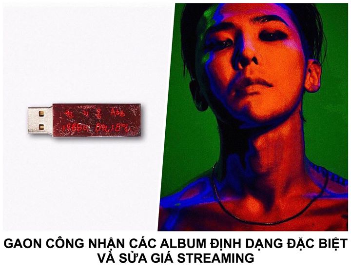 Hồi tháng 6 năm nay, G-Dragon phát hành album solo “Kwon Ji Yong” dưới dạng USB. Phía Hiệp hội Công nghiệp Nội dung Âm nhạc Hàn Quốc, chủ sở hữu Gaon Chart đã tuyên bố rằng họ không xem đây là một album chính thức, đồng thời không tính doanh số đĩa cứng c