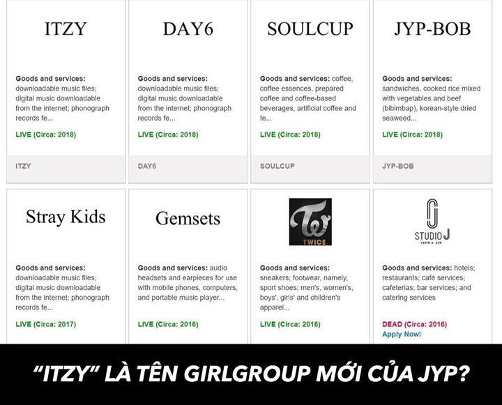 JYP Entertainment được phát hiện đăng ký bản quyền cho “ITZY” vào tháng 10 năm nay, phần mô tả giống TWICE, Day6 và Stray Kids. 