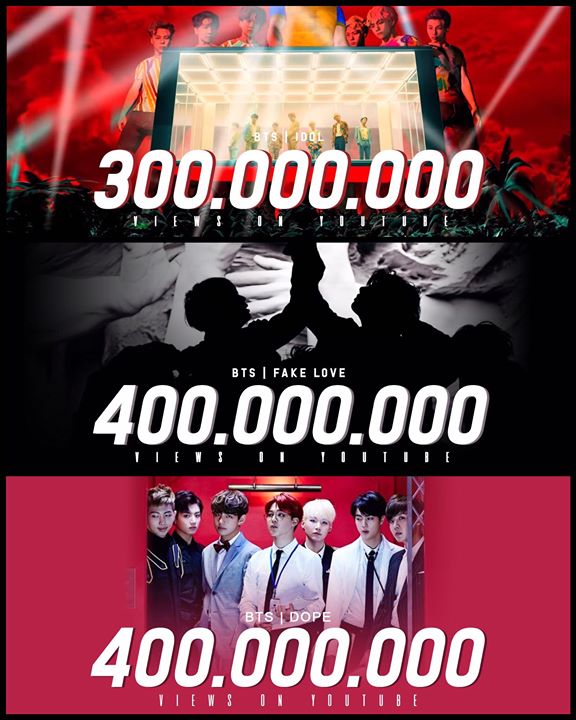 BTS liên tiếp đón 3 MV chạm lên cột mốc mới: “Idol” 300 triệu views, “Fake Love” 400 triệu views và “Dope” 400 triệu views. Hiện nhóm đã nâng tổng số MV đạt 400 triệu lên 4 và số MV đạt 300 triệu lên 8