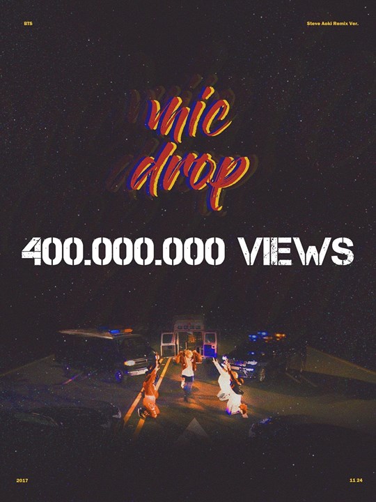 Sau hơn 1 năm ra lò, “MIC DROP” (Steve Aoki Remix) trở thành MV thứ 5 của BTS leo lên 400 triệu views