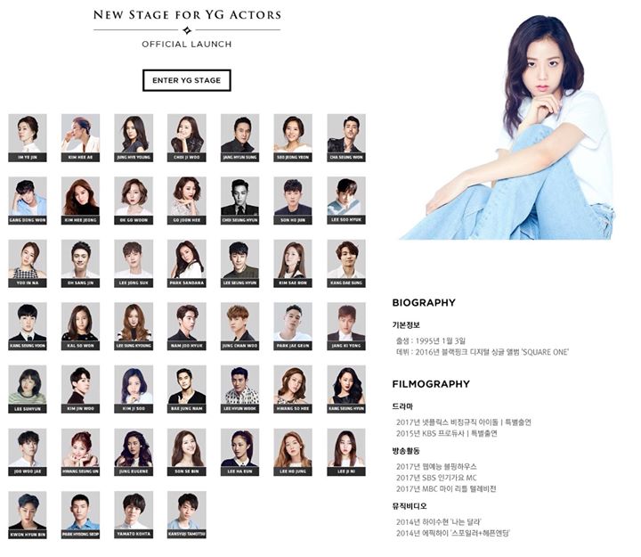 BLACKPINK Jisoo được th&ecirc;m v&agrave;o website YG Stage, c&ocirc;ng ty con chuy&ecirc;n quản l&yacute; diễn vi&ecirc;n của YG. Trước đ&acirc;y Jisoo từng l&agrave;m cameo cho KBS &ldquo;The Producer&rdquo; v&agrave; web drama SBS Mobidic &ldquo;Temporary Idol&rdquo;