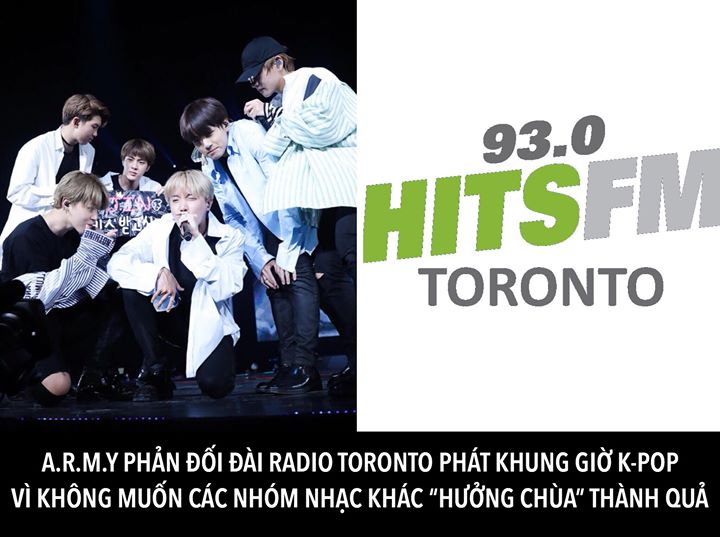 Hits 93 Toronto, một kênh radio ở Canada đã ngưng tổ chức khung giờ K-Pop do phản ứng của các fan. Trước đó, kênh radio này muốn giúp quảng bá cho cả những nghệ sĩ K-Pop nổi tiếng và ít nổi tiếng hơn ở vùng Bắc Mỹ bằng cách dành ra 1 tiếng mỗi ngày chỉ ph