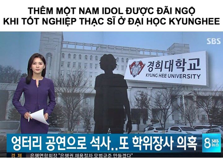 Bản tin độc quyền tr&ecirc;n SBS 8 O'Clock News đưa tin nam idol nổi tiếng B, th&agrave;nh vi&ecirc;n của một nh&oacute;m nhạc đ&atilde; nhận được bằng Thạc sĩ ng&agrave;nh &Acirc;m nhạc ứng dụng tại Đại học Kyung Hee nhờ v&agrave;o &ldquo;m&agrave;n biểu diễn r&aacute;c rưởi&rdquo;. Một số b&agrave;i b&aacute;o đưa tin người n&agrave;y tốt nghiệp hồi n