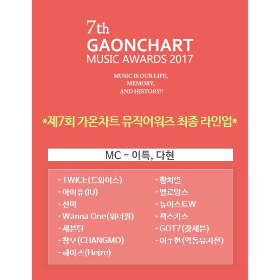 Lễ trao giải Gaon công bố line-up chính thức năm nay: TWICE, IU, Sunmi, Wanna One, SEVENTEEN, Heize, Changmo, Hwang Chi Yeol, Melomance, Nu’est W, Sechskies, GOT7, AKMU Soo Hyun. Diễn ra vào ngày 14/2 (29 Tết) tại Jamsil Arena. MC: Super Junior Leeteuk và