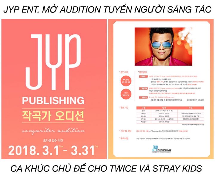 Tất cả mọi người kh&ocirc;ng ph&acirc;n biệt tuổi t&aacute;c, giới t&iacute;nh, nghề nghiệp, t&ocirc;n gi&aacute;o, quốc tịch đều c&oacute; thể tham gia v&ograve;ng tuyển chọn nhạc sĩ đặc biệt của JYP. Người chiến thắng sẽ nhận được 5 triệu won ($4.600 ~ 105 triệu VNĐ) v&agrave; cơ hội k&yacute; hợp đồng nhạc sĩ độc quyề