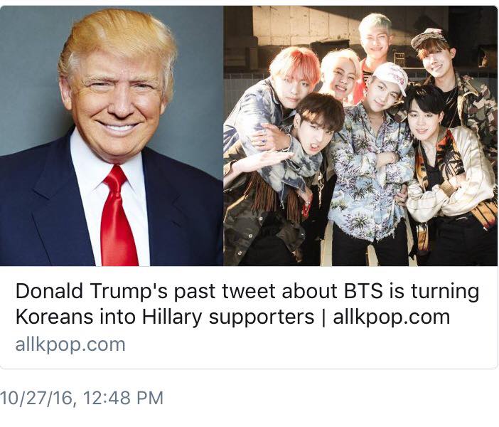 Tweet của Donald Trump về BTS được xác nhận là fake nên Allkpop đã xoá bài. K Crush cũng xin phép xoá để giữ hình ảnh của vị tỷ phú Mỹ trong mắt các con dân K-Pop ㅋㅋㅋㅋ