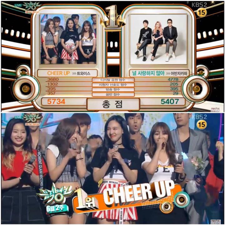 Cheer Up đã giành chiếc cúp thứ 11 cho TWICE trên Music Bank hôm nay, vượt qua "I Dont Love You" của Urban Zakapa