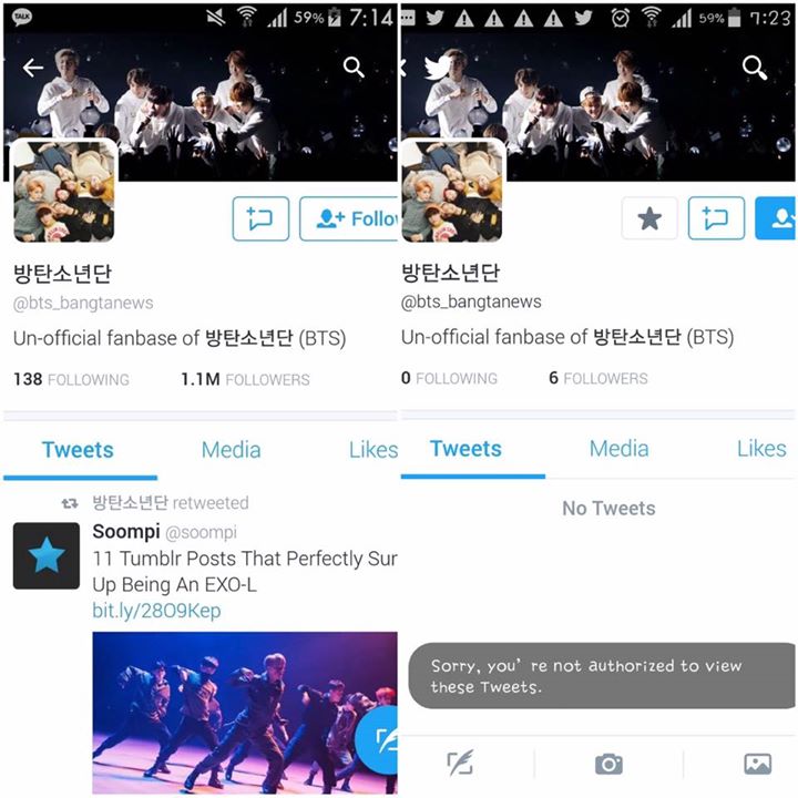 EXOfficial - Fanbase lớn nhất của EXO trên twitter với 1,1 triệu người theo dõi đã bị hack và đổi thành một account mang tên bts_bangtanews. Hiện account này đã ngừng hoạt động (khoá tài khoản)