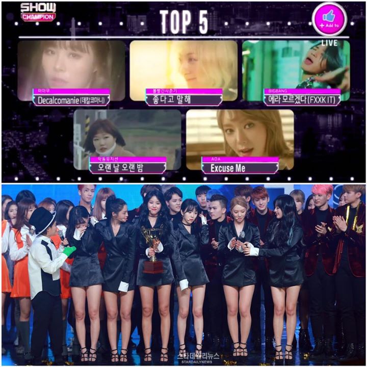 AOA đã giành chiến thắng trên Show Champion hôm nay. Top 4 còn lại là MAMAMOO, Bolbbalgan4, BIGBANG và AKMU