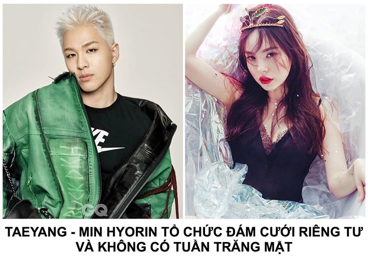 YG Entertainment thông báo lễ cưới của BIGBANG Taeyang và Min Hyo Rin sẽ diễn ra riêng tư cùng gia đình và bạn bè thân thiết tại một nhà thờ vào ngày 3/2. Sau đó tiệc đãi khách sẽ được tổ chức ở khách sạn Paradise City, Incheon. Cặp đôi không lên kế hoạch