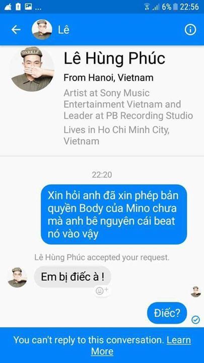 Phúc Bồ & Hà Lê ăn cắp beat bài BODY của WINNER Mino trên chung kết Sao Đại Chiến và phản ứng của Phúc Bồ khi bị fan vào thắc mắc: “Em bị điếc à! Bài của anh hay hơn mà em! Em fan Sơn Tùng à? Qua add Instagram anh đi. Đừng để bọn zai bóng làm lu mờ bản sắ