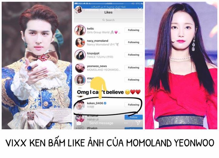 VIXX Ken bất ngờ bấm like ảnh do một fanaccount có tên yeonwoo_momolnd đăng tải, sau đó đã bỏ like. Đây cũng là fan account mà Super Junior Leeteuk nhầm là tài khoản chính thức của Momoland Yeonwoo