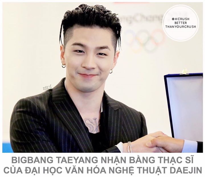 Năm ngoái Taeyang đã chính thức nhận được bằng thạc sĩ ngành ’Sáng tạo Biểu diễn và Hình ảnh’ nhờ luận án dài 104 trang với tiêu đề ”Sự ảnh hưởng của World Tour [MADE] năm 2015 của BIGBANG đến độ bền vững của làn sóng Hàn Quốc”. Hiện có thể download tài l