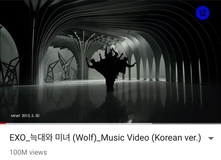 MV "Wolf" (Korean ver.) của EXO đã cán mốc 100 triệu views ngay trước thềm comeback. Đây là MV thứ 5 của nhóm đạt được thành tích này sau "Monster", "Call Me Baby", "Overdose" và "Growl"