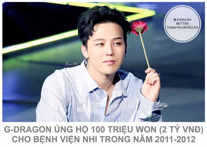 Vào ngày 11/7, Bệnh viện Nhi Đại học Quốc gia Seoul tiết lộ: “Big Bang G-Dragon từng 2 lần hào phóng ủng hộ cho chúng tôi vào năm 2011 và 2012, số tiền lên tới 100 triệu won (gần 2 tỷ VNĐ) và anh ấy muốn giữ kín chuyện này. Với những trường hợp các cá nhâ