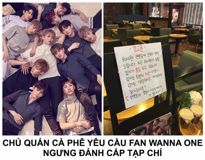 Một tấm biển cảnh báo đã được trưng ra trong quán: "Chúng tôi khẩn cầu các fan WANNA ONE. Gần đây tạp chí có hình WANNA ONE đang liên tục bị đánh cắp. Đó là tài sản của quán cà phê, do đó xin vui lòng trả nó về chỗ cũ sau khi bạn đọc xong. Những hành động