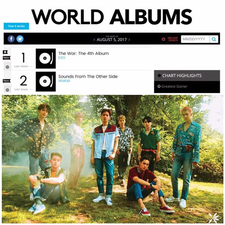 EXO lần thứ 3 giành No.1 trên Bảng xếp hạng World Albums của Billboard tuần kết thúc vào 5/8, sau "XOXO Repackage" năm 2013 và "Exodus" năm 2015. Nhóm nhỏ EXO-CBX cũng từng đạt được thành tích này với "Hey Mama". Ngoài ra "The War" đã debut ở #87 trên Bil