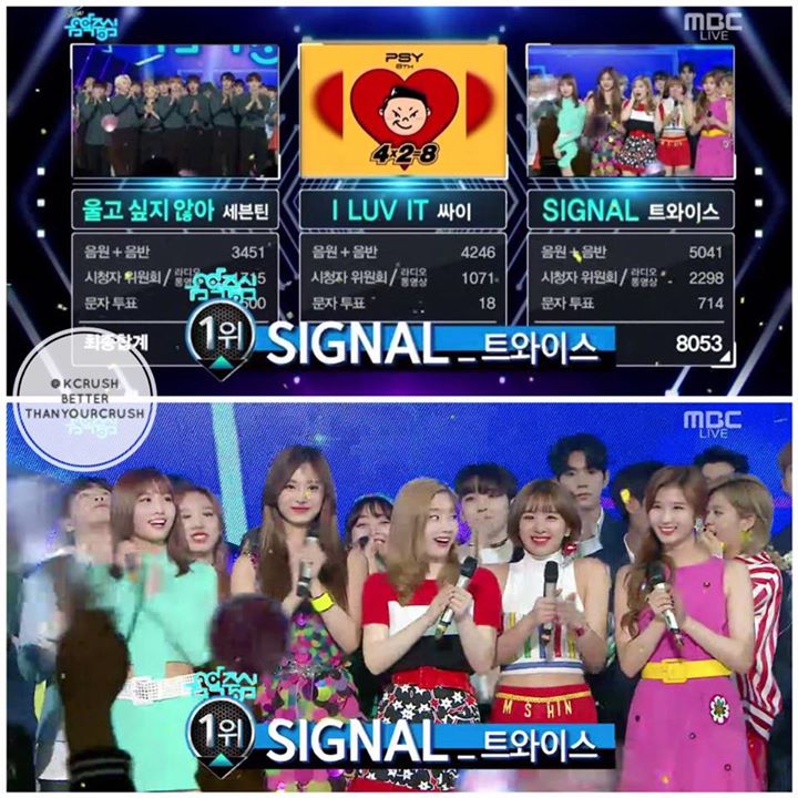 "Signal" đ&atilde; gi&agrave;nh chiếc c&uacute;p thứ 8 tr&ecirc;n Music Core h&ocirc;m nay trước "Don't Wanna Cry" v&agrave; "I Luv It"