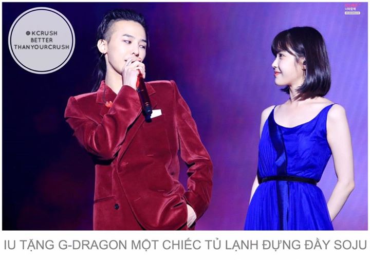 Tại concert solo ’Act III: Motte’ của G-Dragon, nam ca sĩ chia sẻ: ”Sau khi nhận lời góp giọng trong 'Palette', IU đột nhiên tặng tôi một chiếc tủ lạnh. Tôi vô cùng ngạc nhiên và khi mở ra thì nó đầy những chai rượu soju do cô ấy làm người mẫu đại diện, n