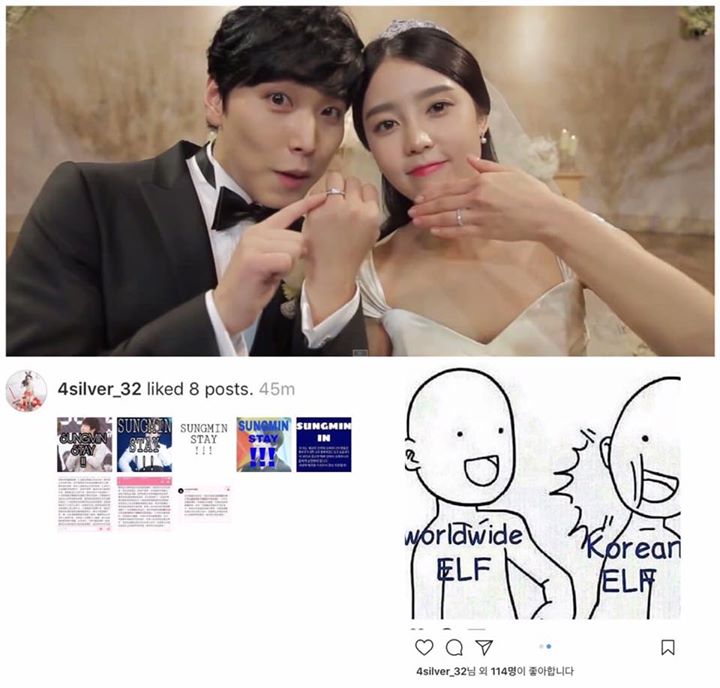 Vợ của Super Junior Sungmin - nữ diễn vi&ecirc;n Kim Sa Eun được bắt gặp ấn like một số b&agrave;i đăng ủng hộ Sungmin ở lại nh&oacute;m, trong đ&oacute; c&oacute; một tấm ELF quốc tế đang "t&aacute;t v&agrave;o mặt" ELF H&agrave;n Quốc. Trước đ&oacute; Label SJ cho biết muốn tổ chức một buổi gặp mặt fan để thảo luậ