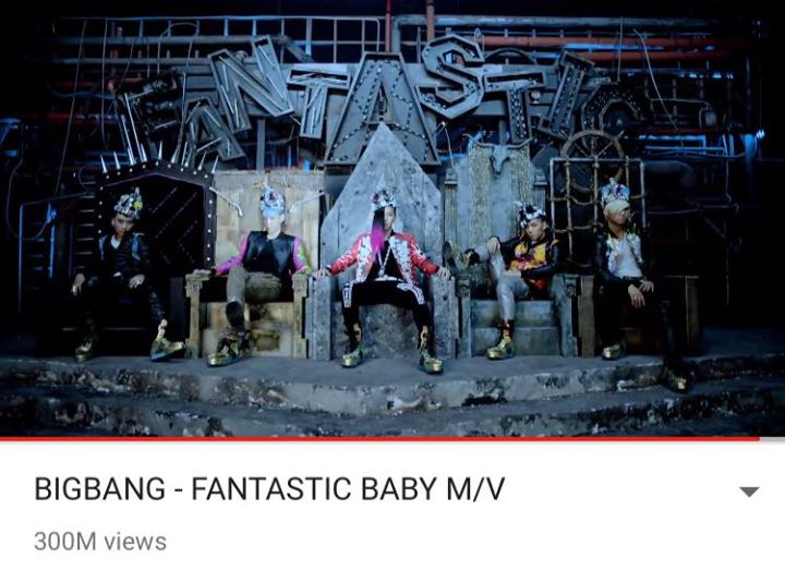 Big Bang trở thành nhóm nhạc K-Pop đầu tiên sở hữu MV đạt 300 triệu views với "Fantastic Baby" phát hành năm 2012 https://youtu.be/AAbokV76tkU