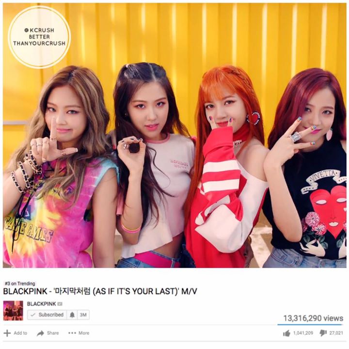 BLACKPINK "As If It's Your Last" tiếp tục phá kỉ lục MV nhóm nhạc K-Pop nói riêng và nhóm nhạc thế giới nói chung có lượt xem nhiều nhất sau 24h kể từ khi phát hành với 13,316,290 views vào lúc 18h KST ngày 23/6,. Kỉ lục trước đó thuộc về MV "Not Today" c