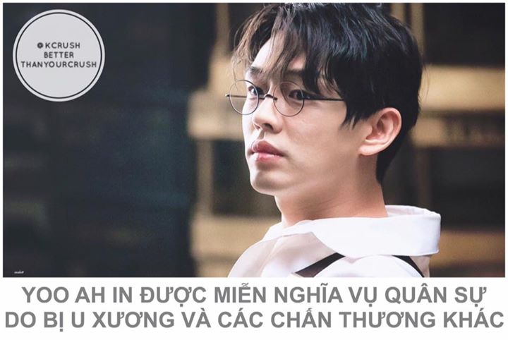 Yoo Ah In mắc một khối u xương l&agrave;nh t&iacute;nh v&agrave; từng bị r&aacute;ch cơ bắp, g&atilde;y xương đ&ograve;n v&agrave; xương bả vai khi đ&oacute;ng phim điện ảnh. Cục Quản l&yacute; nh&acirc;n lực qu&acirc;n đội cho biết sức khoẻ của Yoo Ah In đạt mức 7 (mức nghi&ecirc;m trọng nhất), kh&ocirc;ng đủ điều kiện để nhập ngũ. C&ocirc;ng ty