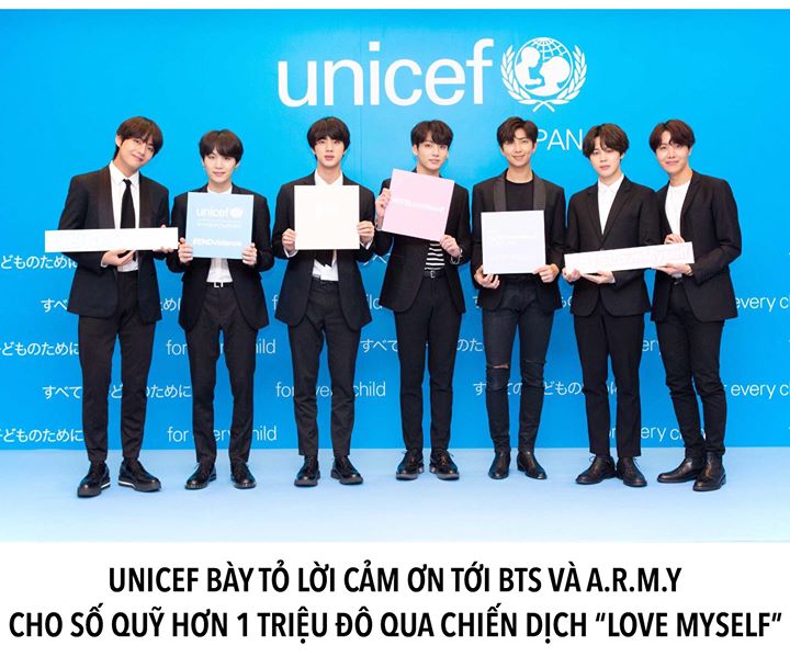 Năn ngoái, BTS đã cộng tác với UNICEF và bắt đầu chiến dịch “Love Myself” để góp phần hỗ trợ tổ chức trong công cuộc xoá bỏ nạn bạo hành trẻ em và thiếu niên. Ngày 13/6 này, BTS và các ARMY sẽ tổ chức kỉ niệm 5 năm thành lập nhóm thông qua sự kiện “2018 B