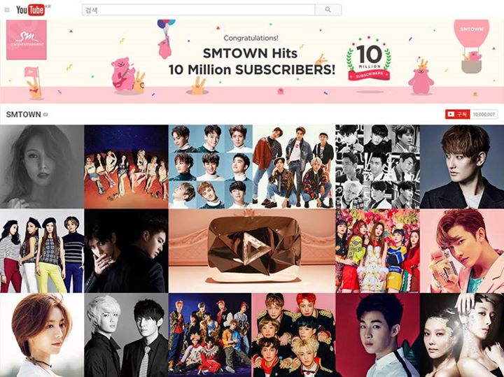 Kênh Youtube chính thức của SM Entertainment: SMTOWN chính thức cán mốc hơn 10 triệu lượt người theo dõi, với 90% là ở ngoài Hàn Quốc. Giành được nút kim cương của Youtube và trở thành nhãn hiệu âm nhạc đầu tiên của Châu Á làm được điều này. 