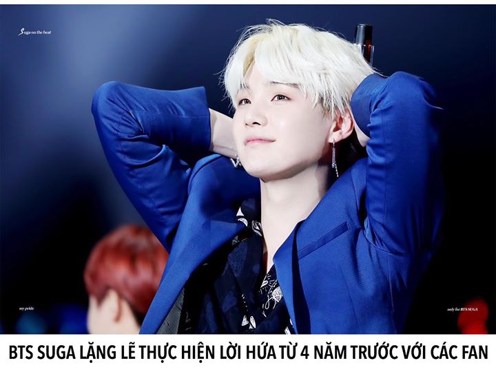 BTS Suga đã quyên góp cho 39 trại trẻ mồ côi, mỗi nơi 10kg thịt bò thượng hạng cùng giấy chứng nhận chất lượng và album của BTS dưới tên A.R.M.Y, nhân sinh nhật lần thứ 26 của mình ngày 09/03 vừa qua.