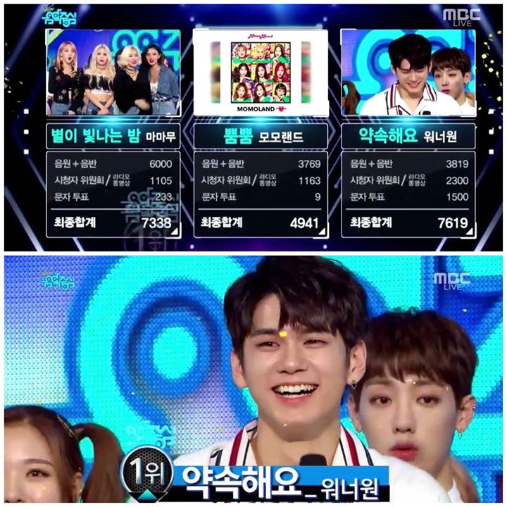 WANNA ONE thắng chiếc cúp đầu tiên cho “I.P.U” trên Music Core trước MOMOLAND và MAMAMOO. MC Ong đã thay mặt nhận cúp hộ nhóm 