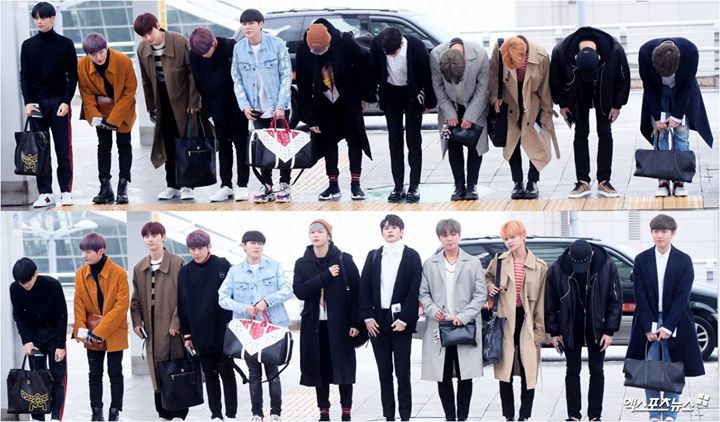 WANNA ONE lần đầu xuất hiện sau scandal. Tại s&acirc;n bay Incheon đi Chile diễn Music Bank, c&uacute;i người 90&deg; trước c&aacute;c ph&oacute;ng vi&ecirc;n, nh&agrave; b&aacute;o.