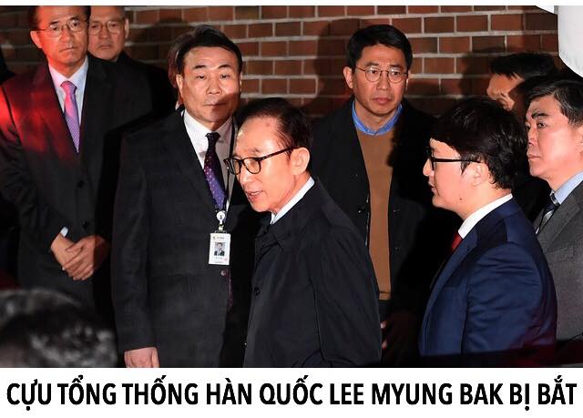 Cựu tổng thống Hàn Quốc Lee Myung Bak bị bắt hôm 22/03 sau 5 tháng điều tra và trải qua cuộc thẩm vấn kéo dài nhiều ngày. Cựu lãnh đạo 76 tuổi này đối mặt với ít nhất 12 cáo buộc, trong đó có nhận 11 tỷ won (10,28 triệu USD) hối lộ từ cơ quan tình báo quố