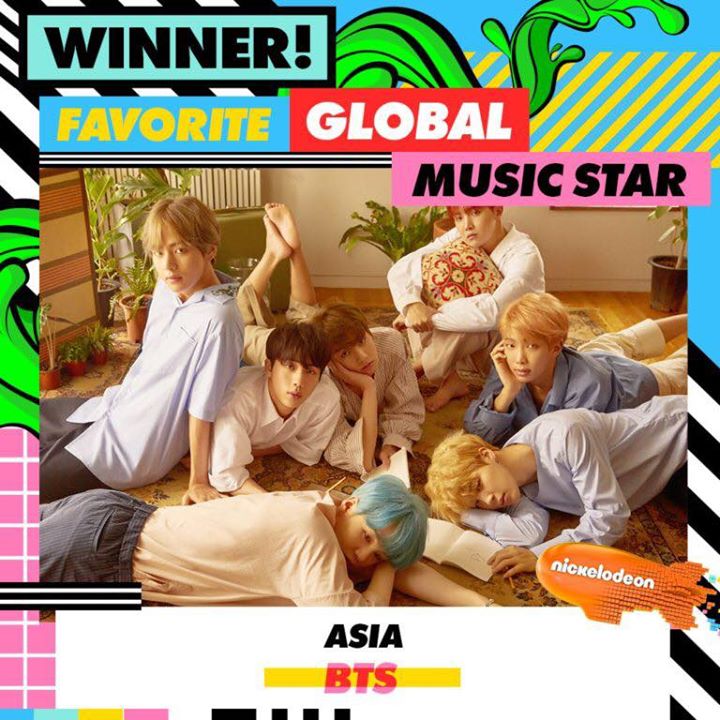 BTS đại diện châu Á thắng giải Favorite Global Music Star - Ngôi sao âm nhạc được yêu thích toàn cầu tại Kids’ Choice Awards 2018 trước các đối thủ Taylor Swift (Bắc Mỹ), Black Coffee (Châu Phi), Lorde (Australia/New Zealand), Maluma (Nam Mỹ), The Vamps (