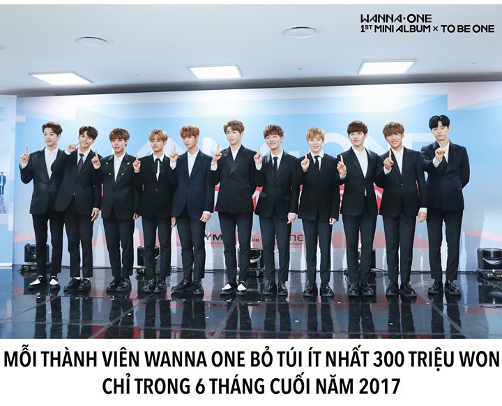 V&agrave;o ng&agrave;y 26/03, người trong ng&agrave;nh giải tr&iacute; tiết lộ thu nhập của mỗi th&agrave;nh vi&ecirc;n Wanna One l&ecirc;n đến 300 triệu won ($300.000 USD ~ 6.3 tỷ VNĐ) trong khoảng thời gian từ th&aacute;ng 6 đến th&aacute;ng 12 năm 2017.  