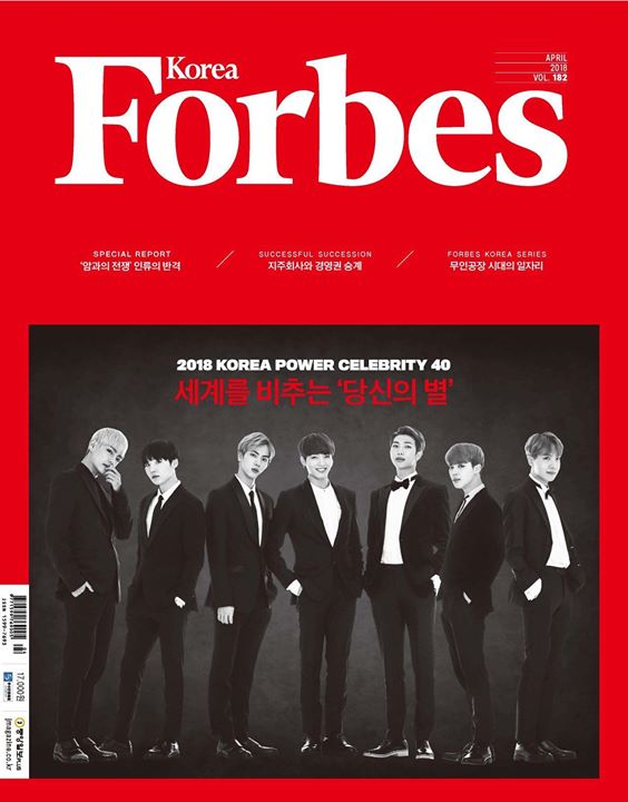 BTS trên trang bìa Forbes Hàn Quốc ấn bản tháng 4/2018. Đây là tạp chí dành cho doanh nhân được công nhận trên toàn cầu. Nhóm cũng vinh dự đứng hạng nhất trong Top 40 Người nổi tiếng Quyền lực nhất Hàn Quốc năm 2018 do Forbes bình chọn. Đầy đủ bảng xếp hạ