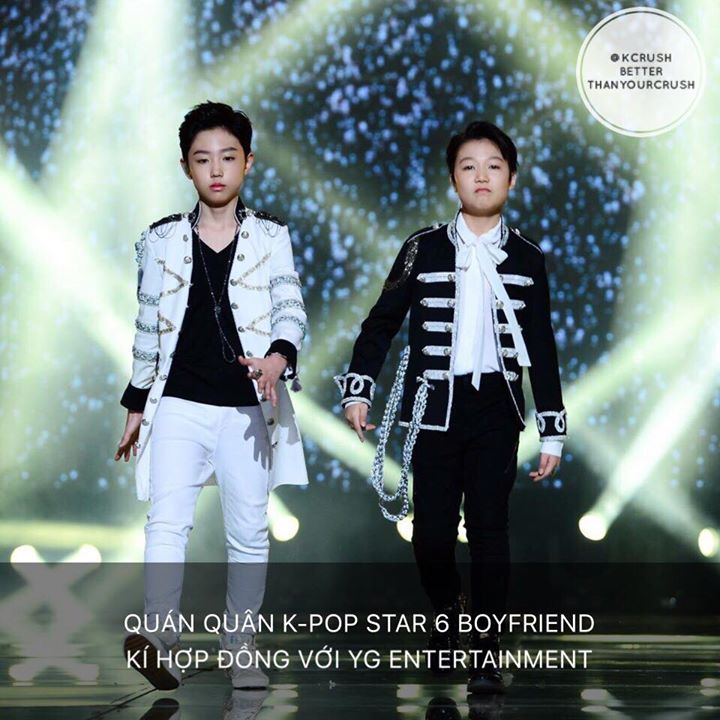 Truyền th&ocirc;ng đưa tin bộ hip hop 11 tuổi BOYFRIEND gồm Park Hyun Jin v&agrave; Kim Jong Sub đ&atilde; k&iacute; hợp đồng độc quyền để gia nhập YG Entertainment.