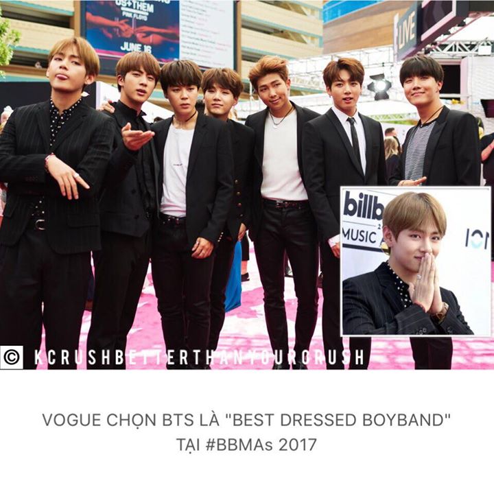 Vogue Mỹ chọn BTS là Nhóm nhạc nam diện bảnh nhất trên thảm hồng Billboard Music Awards 2017. Tạp chí cũng đặc biệt nêu tên V là ngôi sao thời trang trong số các thành viên.