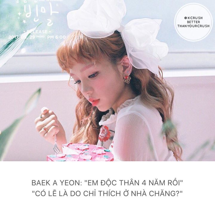 Trong một cuộc phỏng vấn ngày 30/05, Baek Ah Yeon chia sẻ: “Em đã độc thân 4 năm rồi. Một ngày nào đó khi bắt đầu hẹn hò, em muốn diễn tả cảm xúc của mình qua lời bài hát. Lúc em sáng tác, lời bài hát sẽ cực giả tạo nếu đó không phải trải nghiệm của mình.