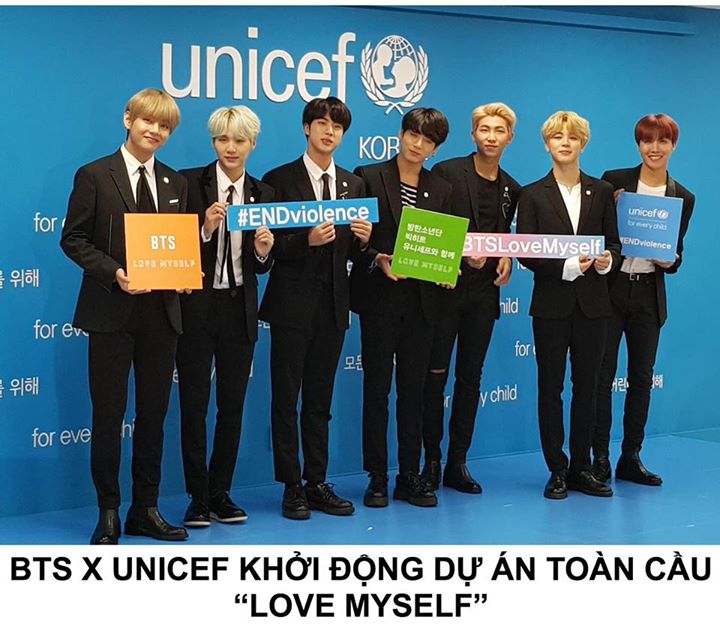 Sáng nay BTS và Ủy ban UNICEF Hàn Quốc công bố khởi động sáng kiến ‘Love Myself’ nhằm mục đích lập các chiến dịch chống bạo lực trẻ em và vị thành niên trên toàn thế giới, với hi vọng làm thế giới tốt đẹp hơn qua âm nhạc.